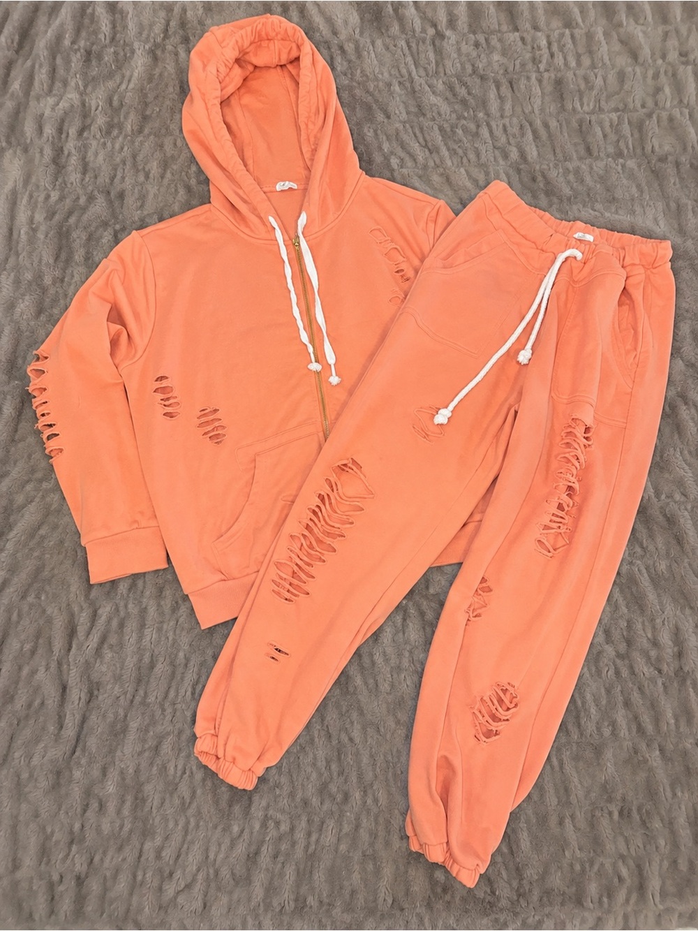 POL Distressed Coral Orange Hoodie & Joggers Set